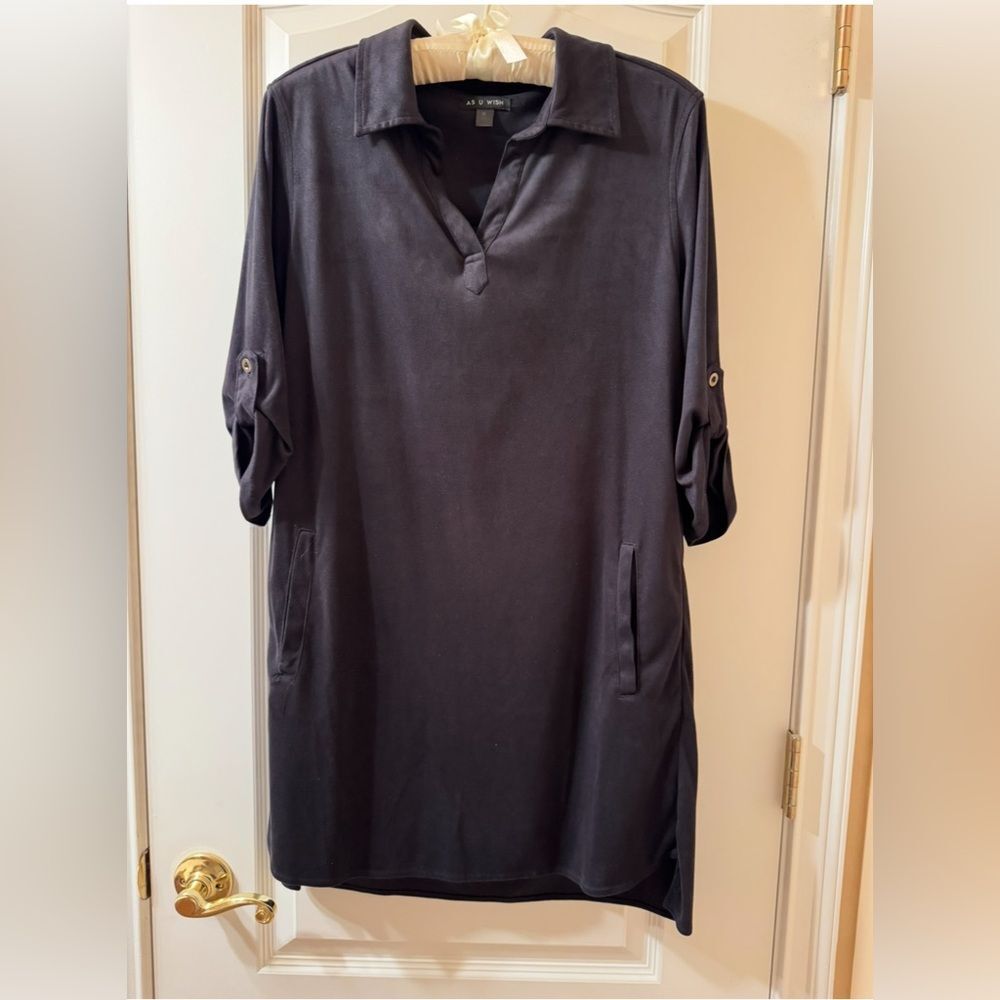 Women Navy Dress With Roll-Tab Sleeves Size Med - Picture 2 of 9